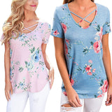 Spring Casual Fashion Women V-neck Short Sleeve Printed T-shirts 