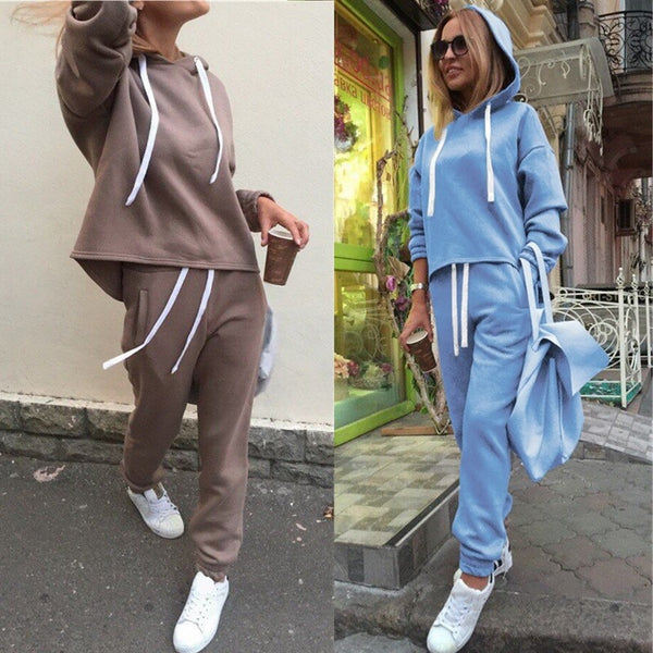 Long Sleeve Thicken Hooded 2 Piece Set Casual Tracksuit 