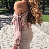 Striped Blouse Women One Shoulder Tops Sexy Long Sleeve Bow Shirts