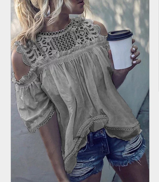Women Off Shoulder Casual Round Neck Lace Hollow Out Blouse