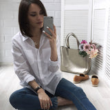 Women Turn-Down Collar Long Sleeve Pocket White Shirt