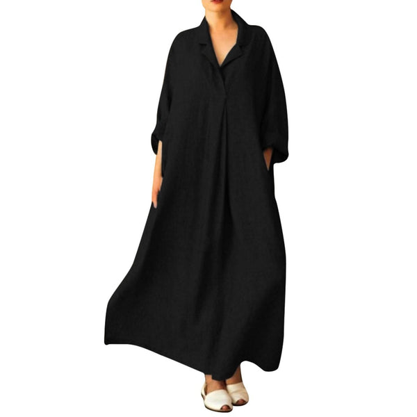 Bohemian Women Plus Size Long Sleeve V-Neck Cotton and Linen Maxi Dress