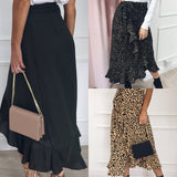 Women High Waisted Leopard Print Aysmmetric Maxi Skirt 