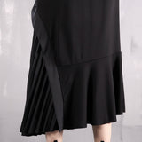 Summer Round Neck Long Sleeve Black Loose Side Pleated Split Joint Irregular Maxi Dress 