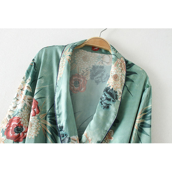 Vintage Pareo Retro Floral Print Green Long Kimono Jacket Long Sleeve Cardigan 