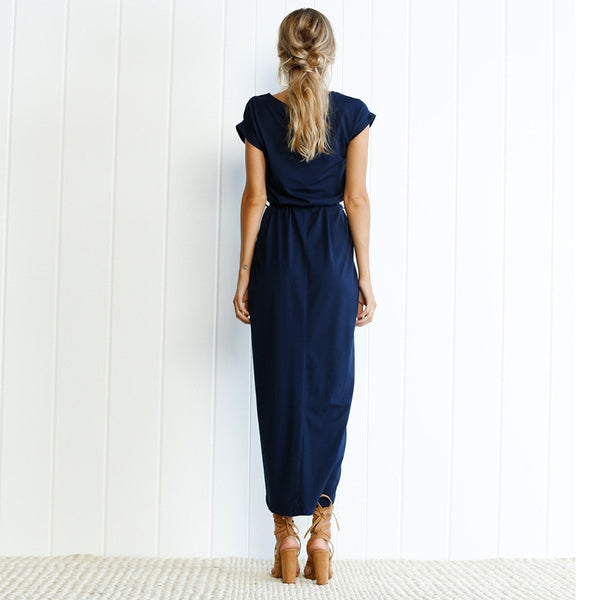 Women Summer Solid Color Plus Size Short Sleeve Irregular Maxi Dress