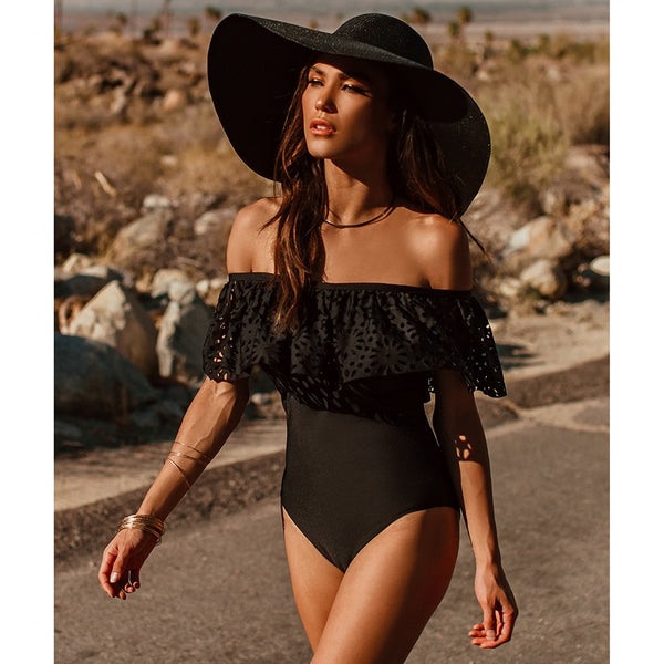 Women Sexy Off The Shoulder Solid One Piece  Swimwear