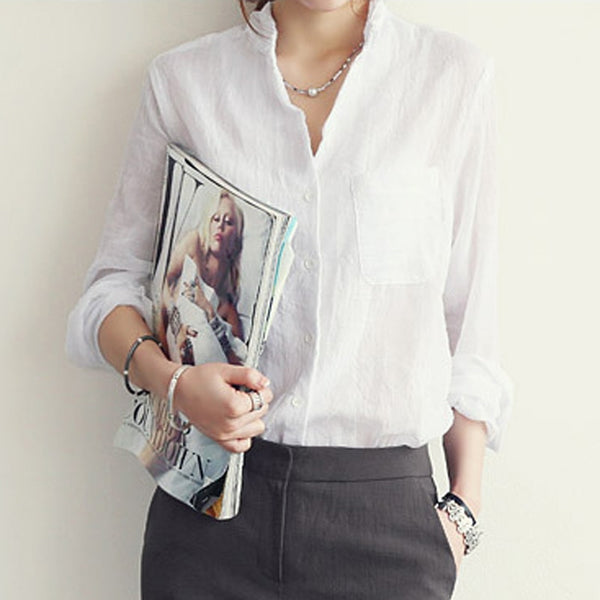 Women Fashion Linen White Long Sleeve Blouse Shirt