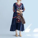 Women Embroidery Vintage three quarter Sleeve Floral Embroidered Cotton linen Casual Dress
