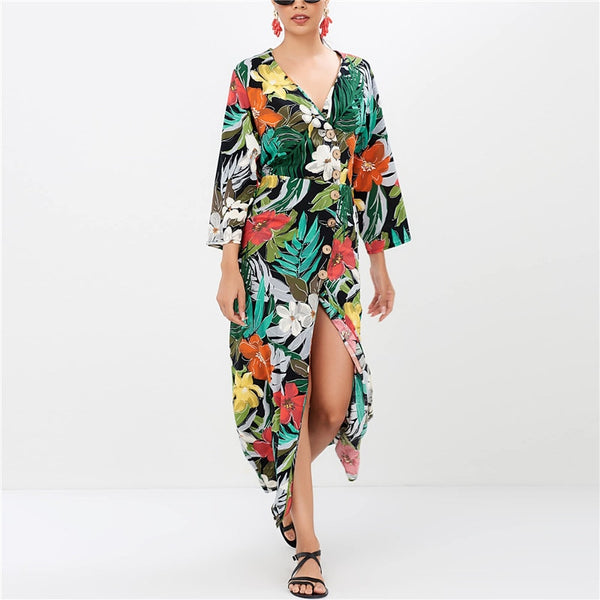 Summer Women Chiffon Floral Print V Neck Plus Size Mini Dress