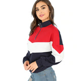 Women Hoodies Multicolor O-Ring Zip Front Cut Sew Stand Neck Raglan Sleeve Sweatshirt 