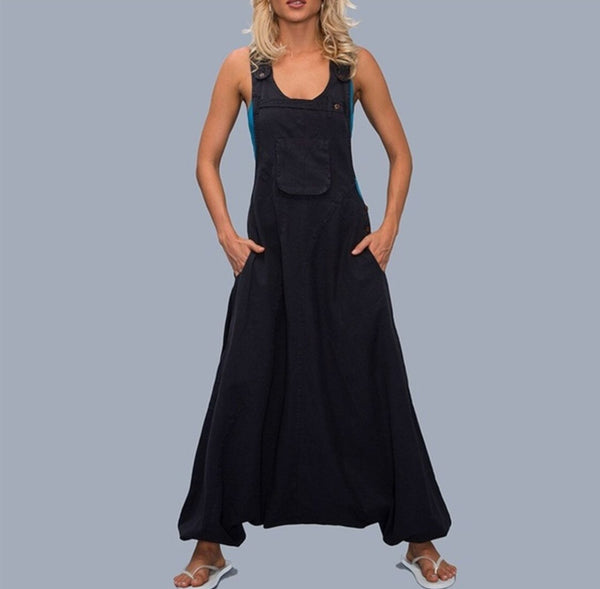 Women sleeveless Casual Button Pockets Solid Jumpsuit