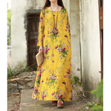 Women Vintage  Floral  Long Sleeves O Neck Cotton Casual Dress