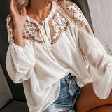 Women Fashion Embroidery Patchwork  Long Sleeve Blouse