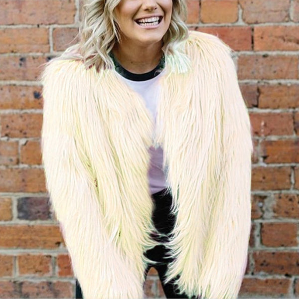 Women Sexy Long Sleeve O-Neck Solid Faux Fur Coats 