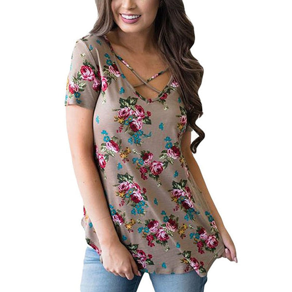 Spring Casual Fashion Women V-neck Short Sleeve Printed T-shirts 