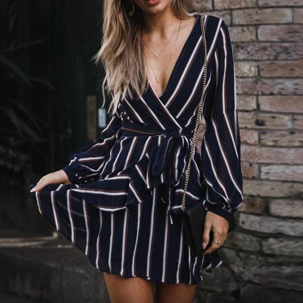 Women's Fashion Lantern Sleeve Casual Striped V-Neck Mini Dress