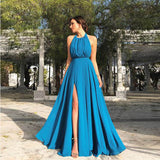 Blue Chiffon Backless Halter Split Boho Maxi Dress