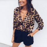 Women Leopard Print V-neck Sexy Long Sleeve Pattern Blouse 