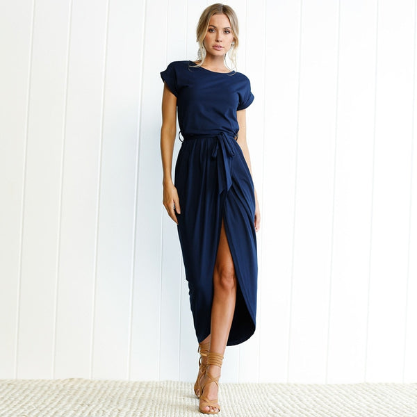 Women Summer Solid Color Plus Size Short Sleeve Irregular Maxi Dress