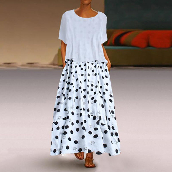 Women Short Sleeve Dot Print Loose Maxi Dress