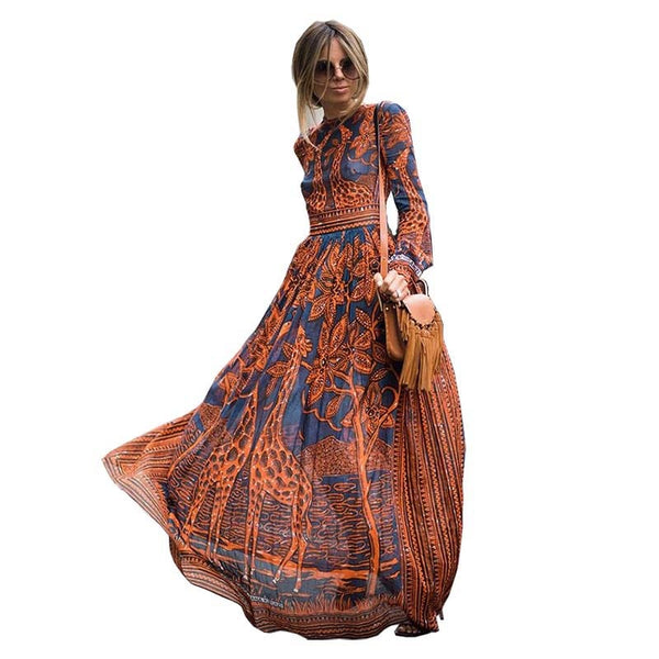 Summer Spring Fashion Women Chiffon Long sleeve Print Maxi Dress 