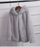 New Faux Fur Coat With Hood High Waist Fashion Slim Black Red Pink Faux Fur Jacket Fake Rabbit Fur