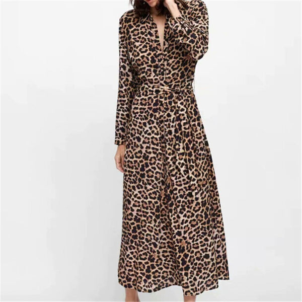 Women Leopard Print Sexy  V Neck Long Sleeve Maxi Dress