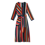 Summer Women V-cpllar Long Sleeve Red Striped Hit Color Bandage Stitch Maxi Dress