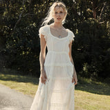 Scallop Embroidered Cotton White Ruffle Short Sleeve Maxi Dress