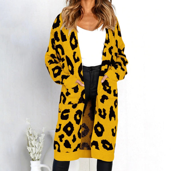 Women Leopard Print Knitted Long Cardigan