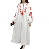 Loose Embroidery  Ethnic Vintage Lantern Sleeve Floral Embroidered A Line Cotton Bohemia Dress