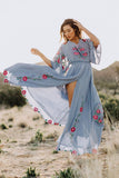 Women O-neck Solid Color Floral Embroidery Maxi Dress