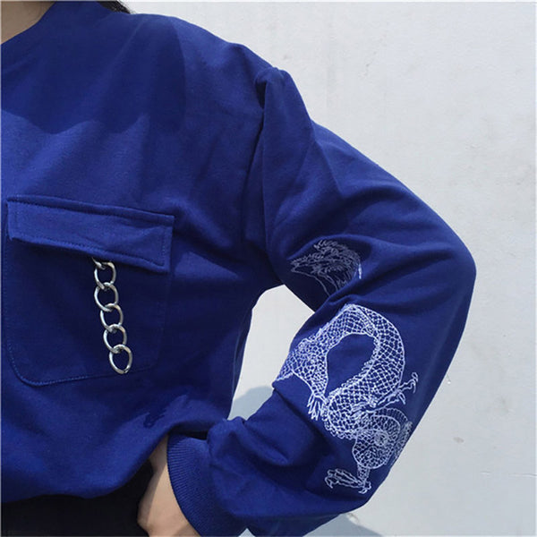 Long Sleeve Chains Preppy O-neck Pullovers Embroidery Sweatshirt Tops