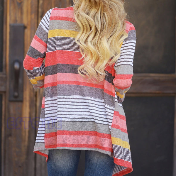 Women Loose Sweater Long Sleeve Cotton Stripe Cardigans