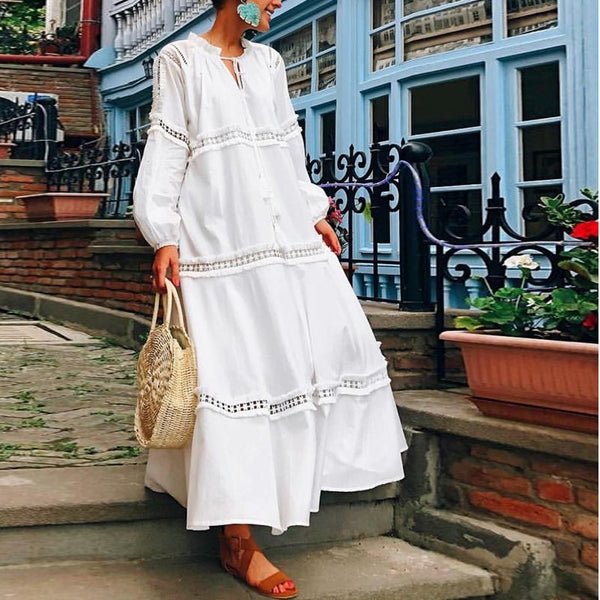 Women White V-neck Long Sleeve Hollow out Lace Plus Size  Maxi Dress