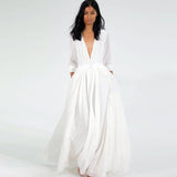Deep V-neck Long Sleeve White Elegant Long Party Maix Dresses