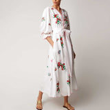 White floral Embroidered V-neck 3/4 sleeve Buttons Bohemia Dresses