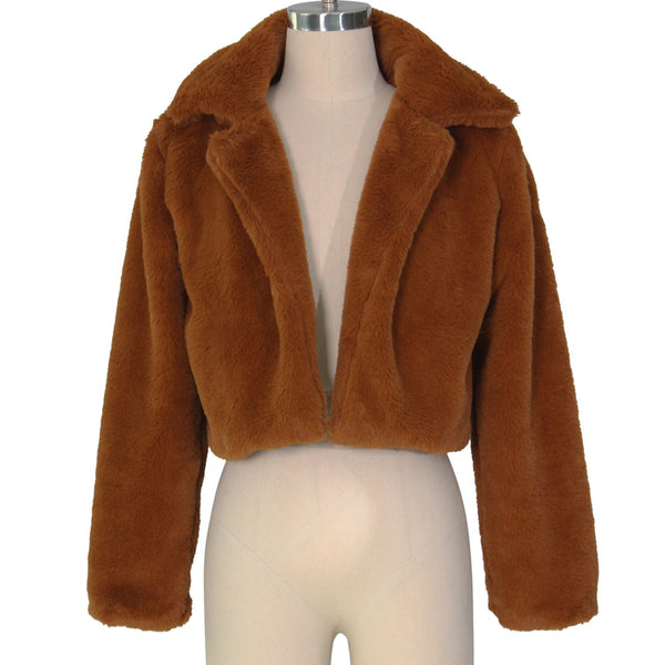Women Fluffy Fleece Turn-down Collar Faux Fur Coat Tops