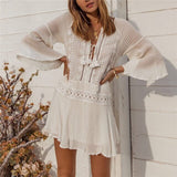 Fashion Lace Up V-Neck Flare Sleeve Tassel Beach Mini Dress