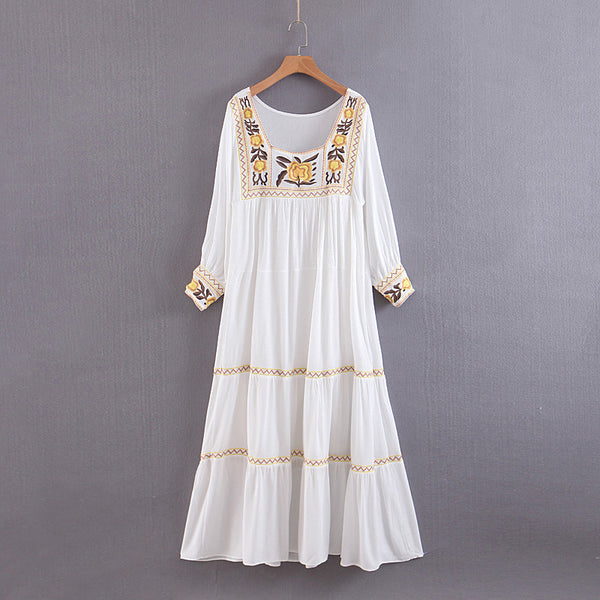 Long Sleeve Casual A-Line Chic Embroidered Maxi Dress