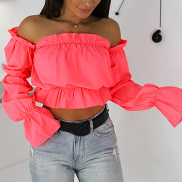 Candy Color Off Shoulder Crop Tops women Summer dot print lantern sleeve shirts 