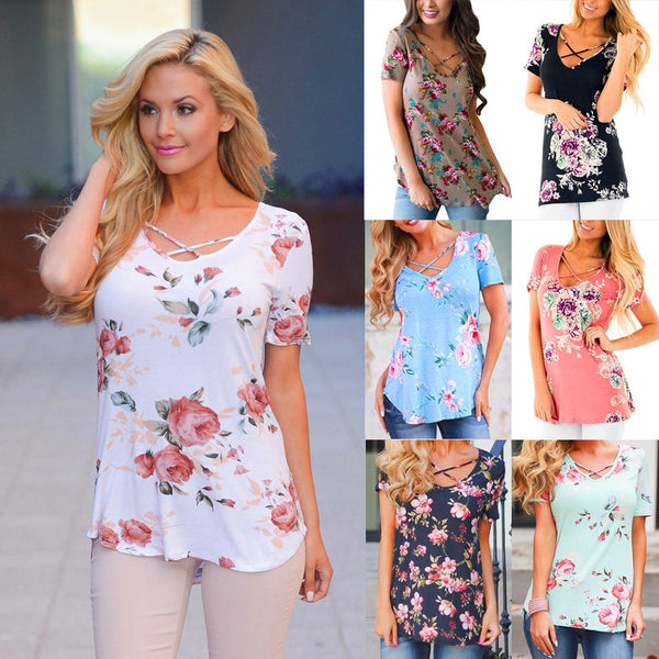 Spring Casual Fashion Women V-neck Short Sleeve Printed T-shirts 