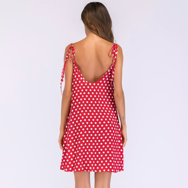 Women Polka Dot Print V Neck Sleeveless Casual Mini dress