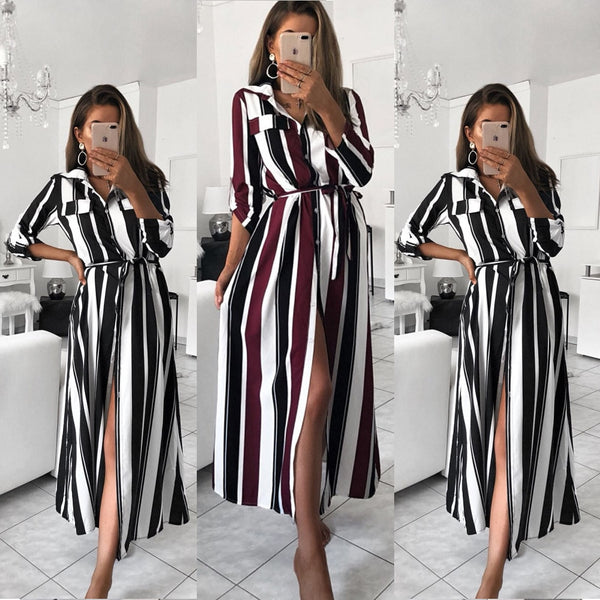 2019 Women Stripe  Turn-Down Collar Long Shirt Maxi Dress 