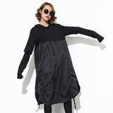 Women Fashion Hooded Long Sleeve Drawstring Black Fold Split Joint T-Shirts