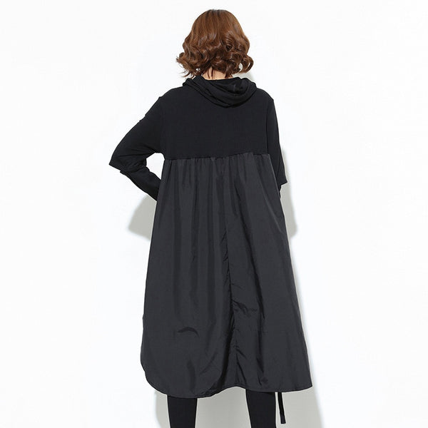 Women Fashion Hooded Long Sleeve Drawstring Black Fold Split Joint T-Shirts