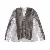 Special Design Tide Gray Patchwork Lace Long Sleeve Single Breasted V-neck Blouse