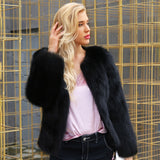 Women Short Faux Fur Coats Long Sleeve O-Neck Solid Black Casual Coat