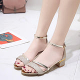 women Fashion Sequins Ankle Mid Heel Block Party Open Toe Sandals 